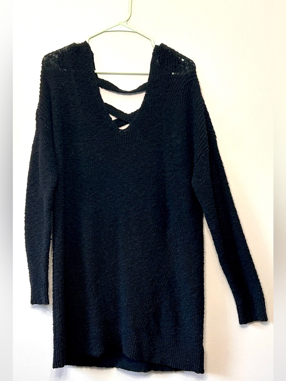 Black Open Knit Sweater Tunic Criss Cross Back Long Sleeve